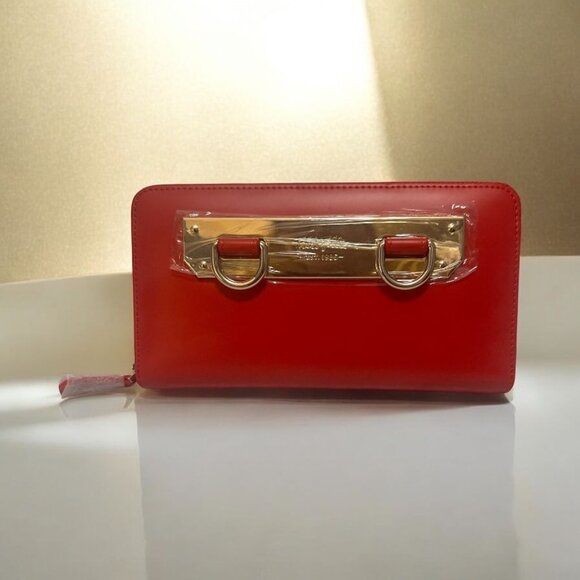 Folli Follie Clutch Red Leather Brass Zip Around W Wallet Card Organizer NWT - Picture 1 of 7